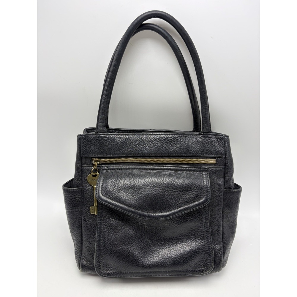 Fossil Handbag Black Pebbled Leather Mini Key Zipper Dounble Handle Bag 90s